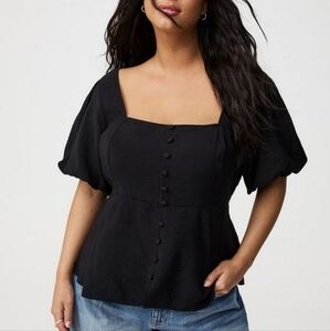 Torrid Deep Black Peplum Square Neck Puff Sleeve Top Size 1X